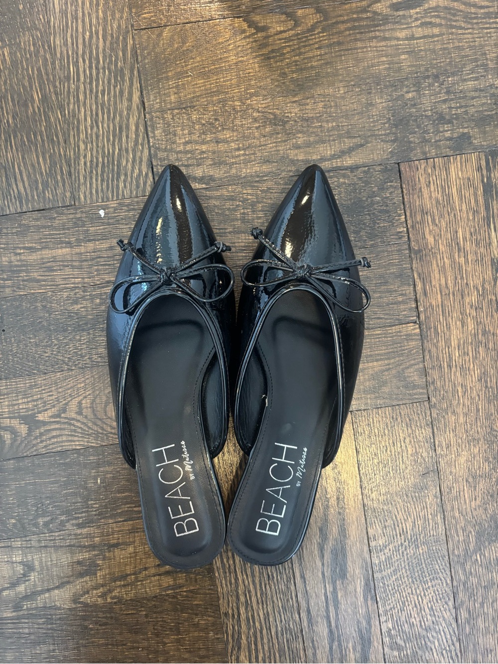 Black Patent Pointed Toe Mules with Bow
